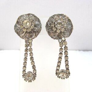 Vintage Floral Silver Tone Rhinestone Dangling Clip On Earrings